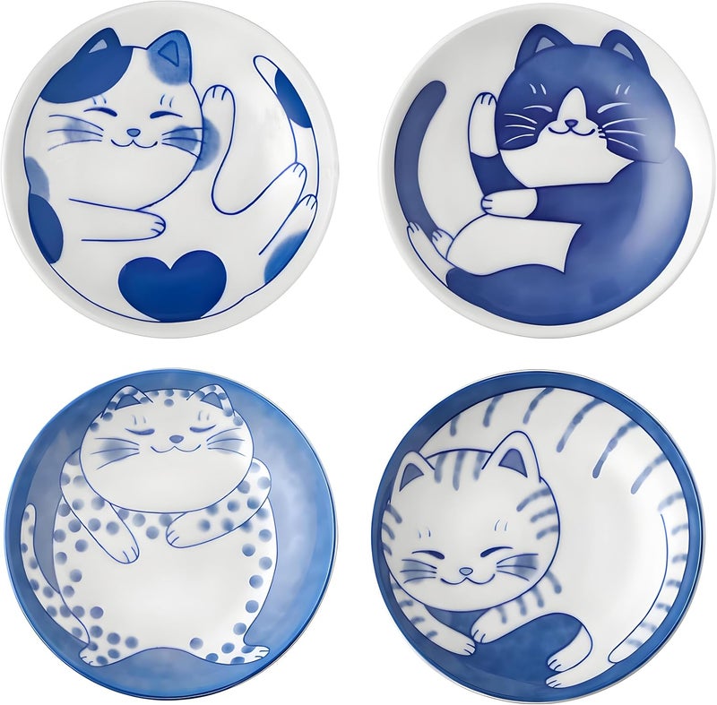 Sisims Japanese Cute Cat soy sauce Plates,Japanese soy sauce plates,Ceramic Dipping bowls for Appetizer Dessert Sushi Sauce 3.94 x 0.8 Inches Set of 4 - Image 1